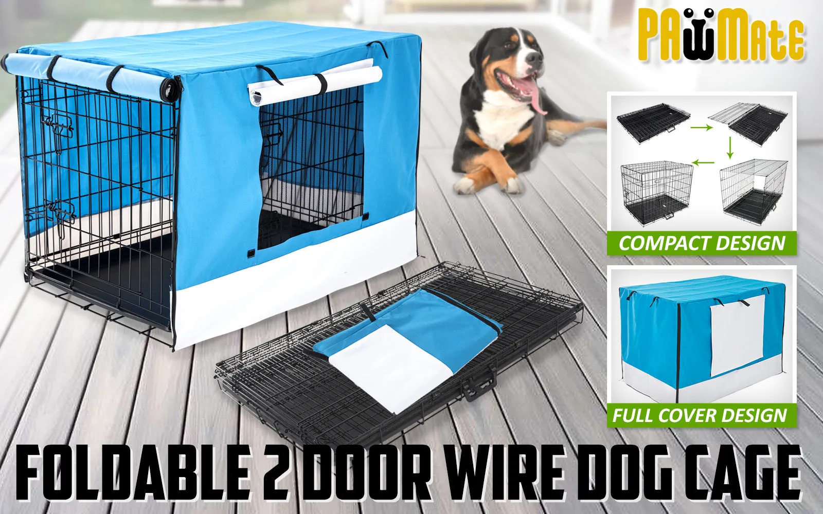 Wire Dog Cage Foldable Crate Kennel 30in with Tray   Blue Cover Combo